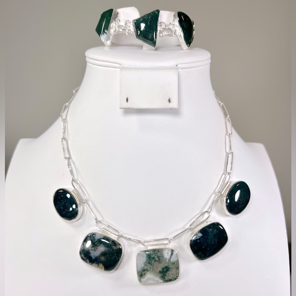 Moss Agate 925 Rectangles Necklace & Bracelet Set